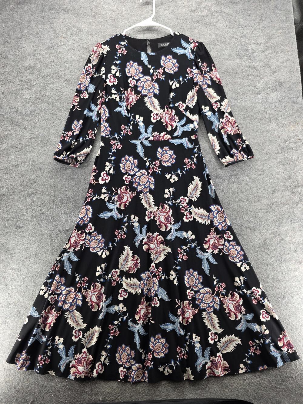 Lauren Ralph Lauren Dress Womens Petite Black Floral Midi 3/4 Sleeve Fit Flare